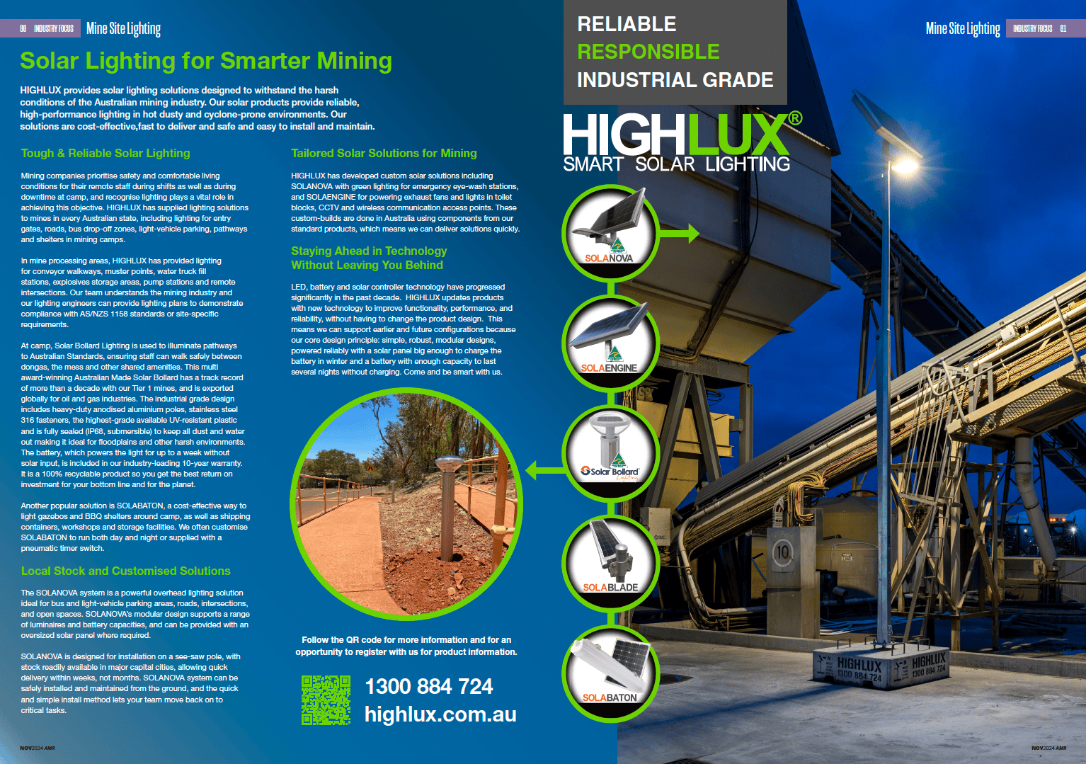 A brochure showcasing Highlux solar lighting solutions for mining, featuring product images, benefits, and a contact number.